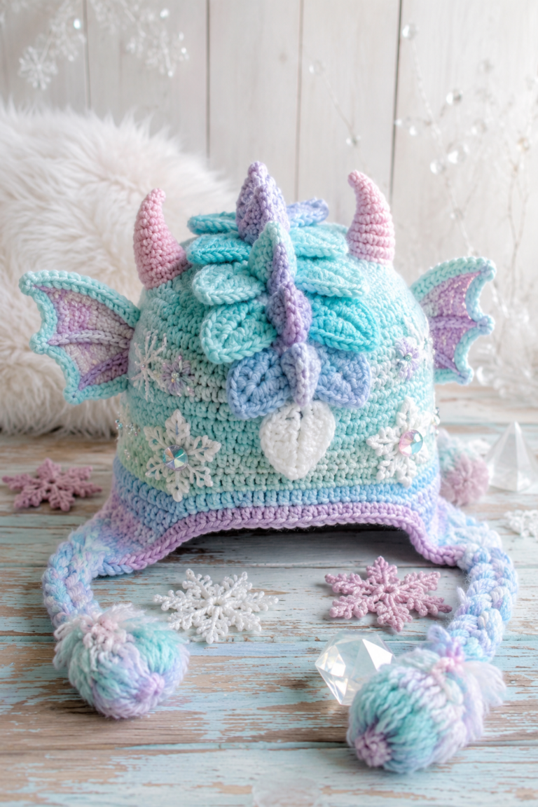 Icy Blue Magical Ice Dragon Crochet Beanie Pattern PDF